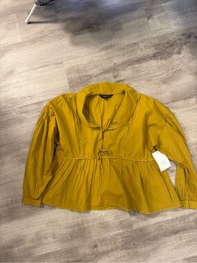 Women's Mustard Peasant Blouse with Tie Neck